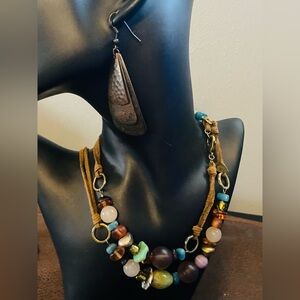 Coldwater Creek Multicolor Beaded Suede Cord Necklace and Earrings
